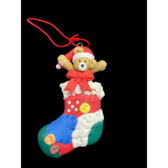 Vintage Clay Dough Christmas Stocking Ornament With Teddy Bear Design - Picture 2 of 4